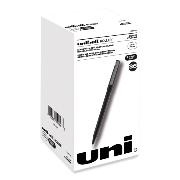 Stick Roller Ball Pen, Micro 0.5mm, Black Ink, Black Barrel, PK36